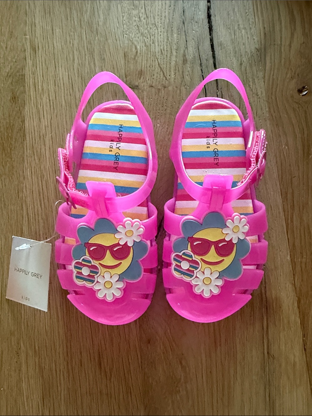 NWT Happily Grey Kids Pink Jelly Sandals with Smiley Flowers